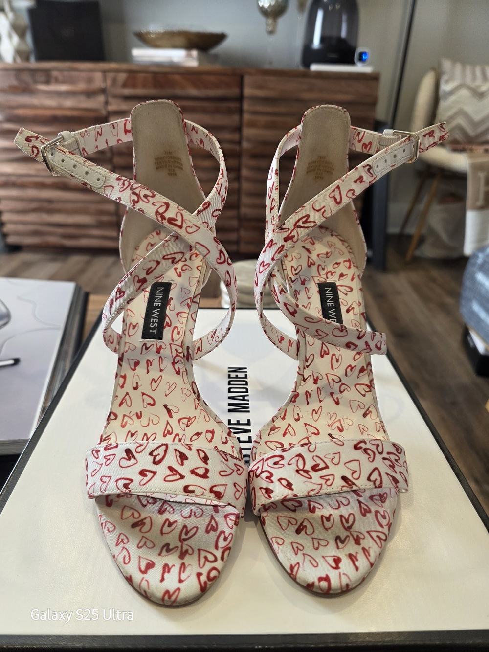 Nine West White and Red Heart-Print Strappy Heels